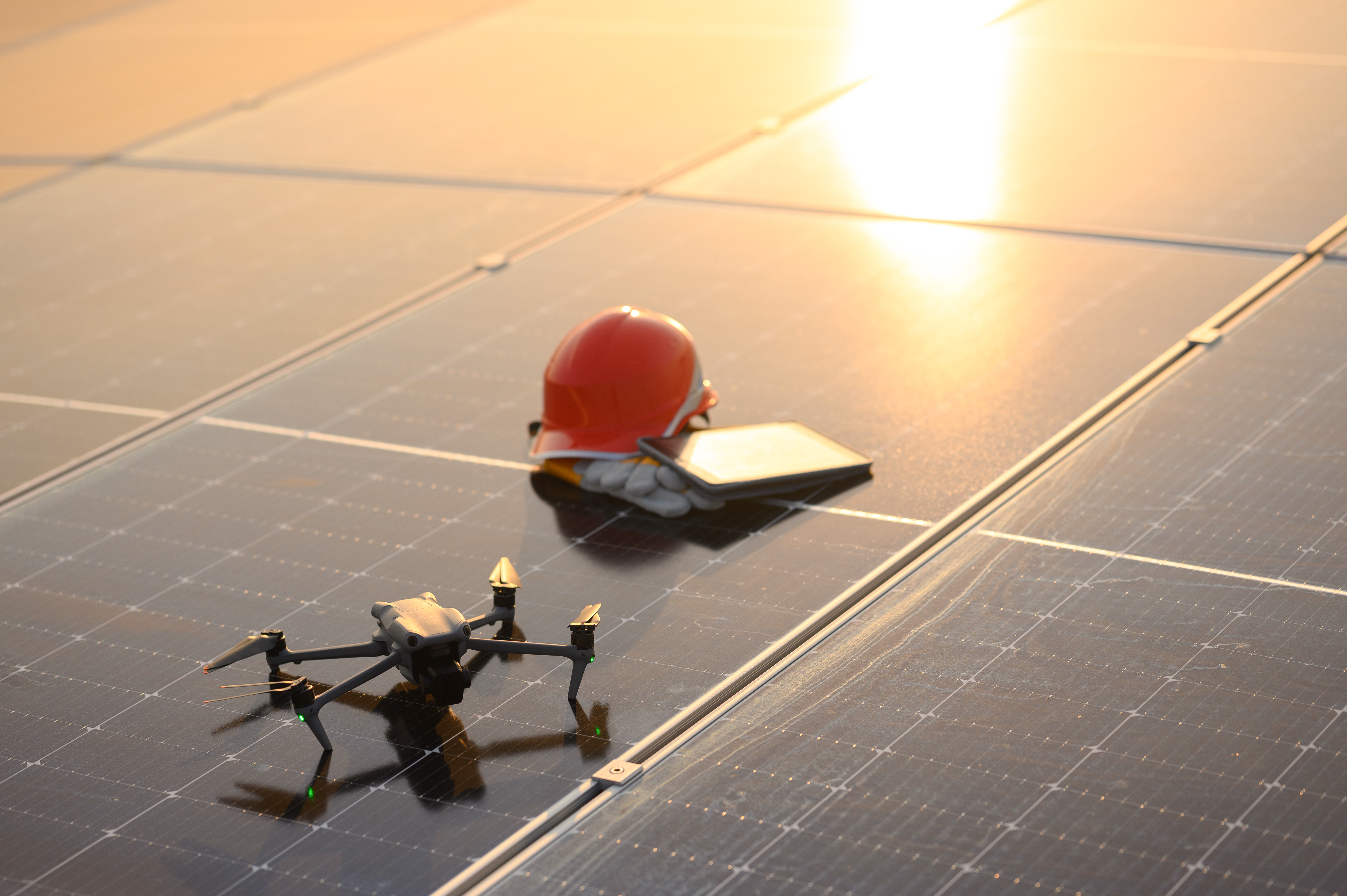 Ingenieurhelm und Drohnenausrüstung auf Sonnenkollektoren auf Solarmodulen sauberes Energiekonzept | © iStock / Eakarat Buanoi